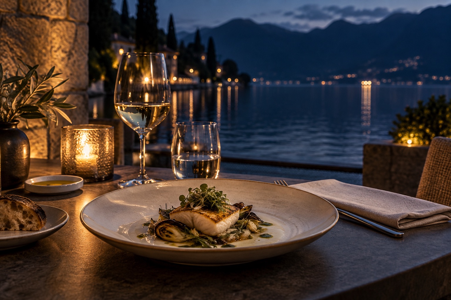 Cena a lume di candela davanti al lago
