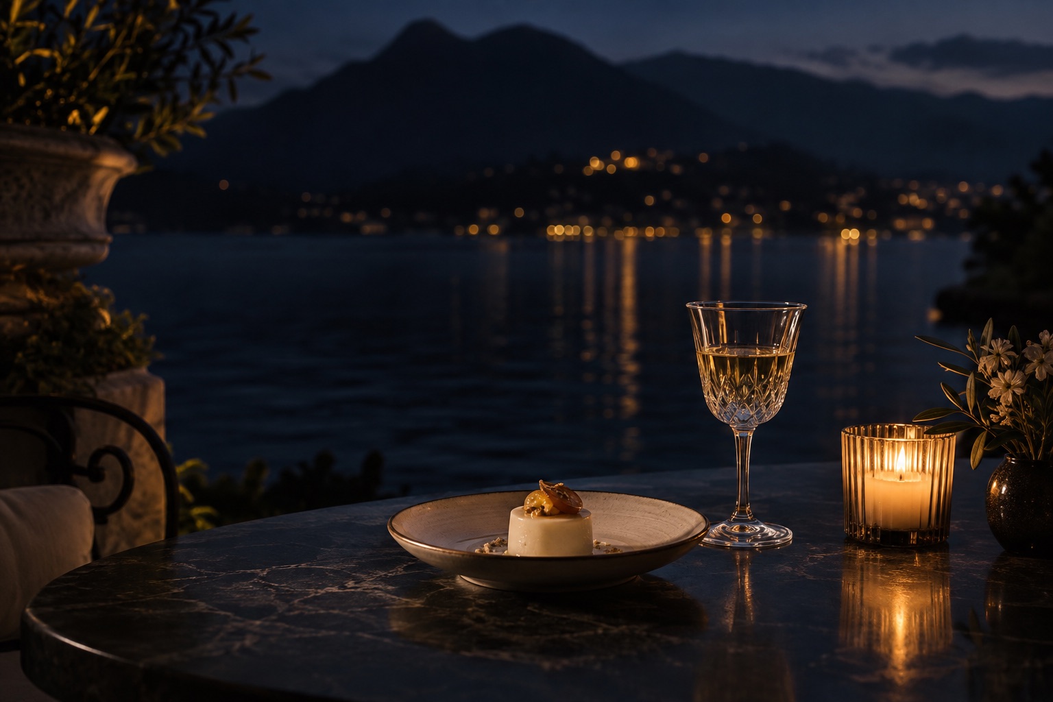 Dessert e calice nella quiete serale del lago