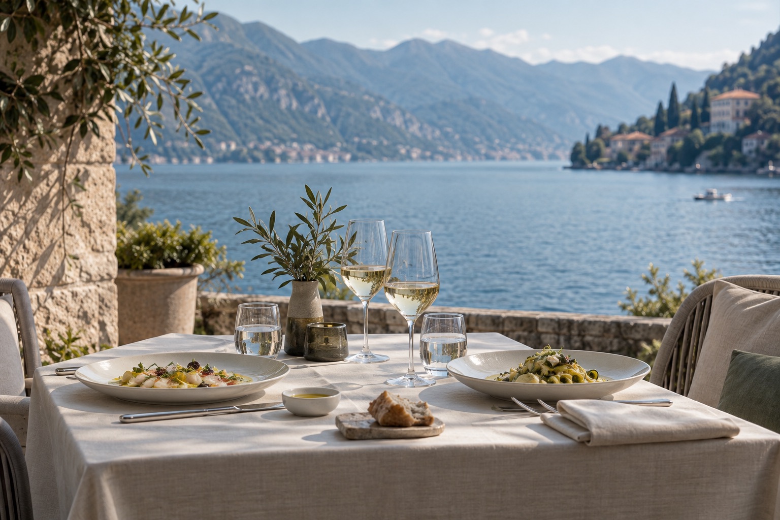 Pranzo elegante su una terrazza affacciata sul lago